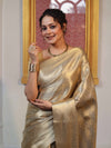 Banarasee Handloom Stripe Pattern Tissue Saree With Border-Gold