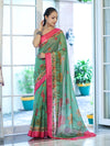 Banarasee Handloom Cotton Silk Saree With Digital Floral Prints & Contrast Border-Green