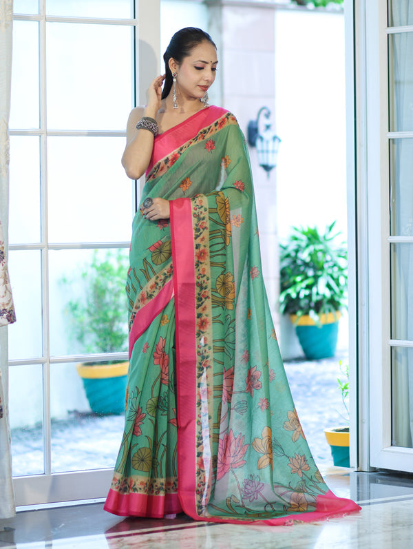 Banarasee Handloom Cotton Silk Saree With Digital Floral Prints & Contrast Border-Green
