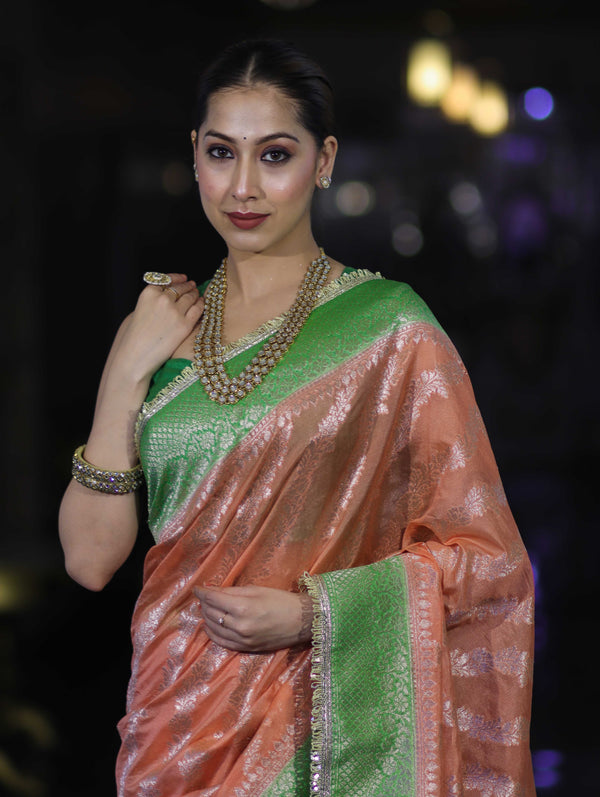 Banarasee Handloom Semi Silk Saree With Contrast Border & Lace-Peach & Green