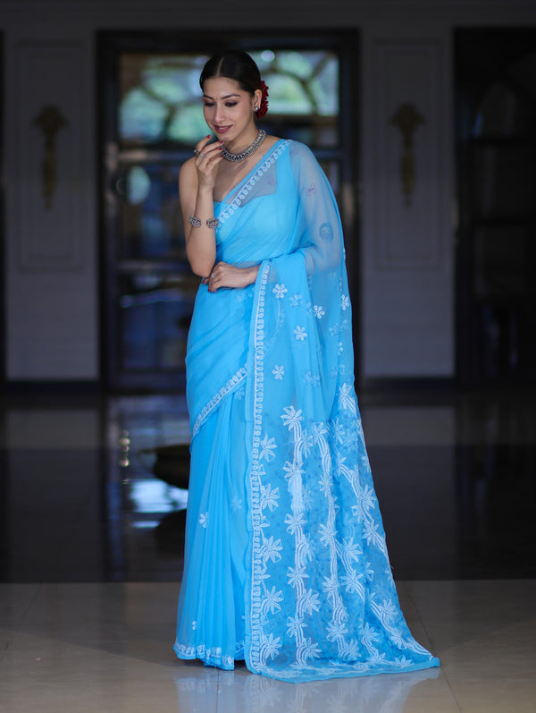 Banarasee Handwoven Georgette Saree With Chikankari Work-Light Blue