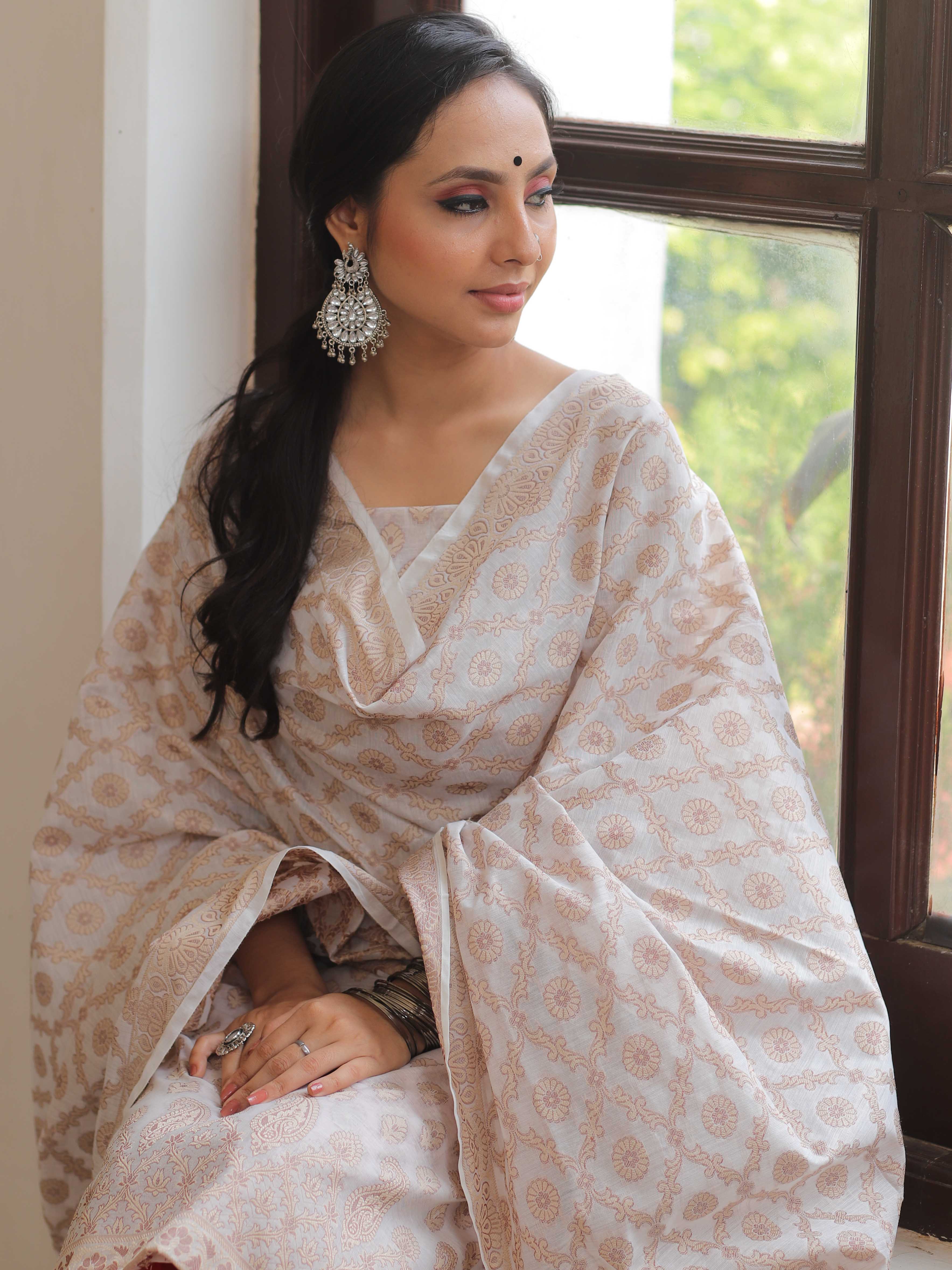 Banarasee Salwar Kameez Cotton Silk Resham Buti Woven Fabric-White