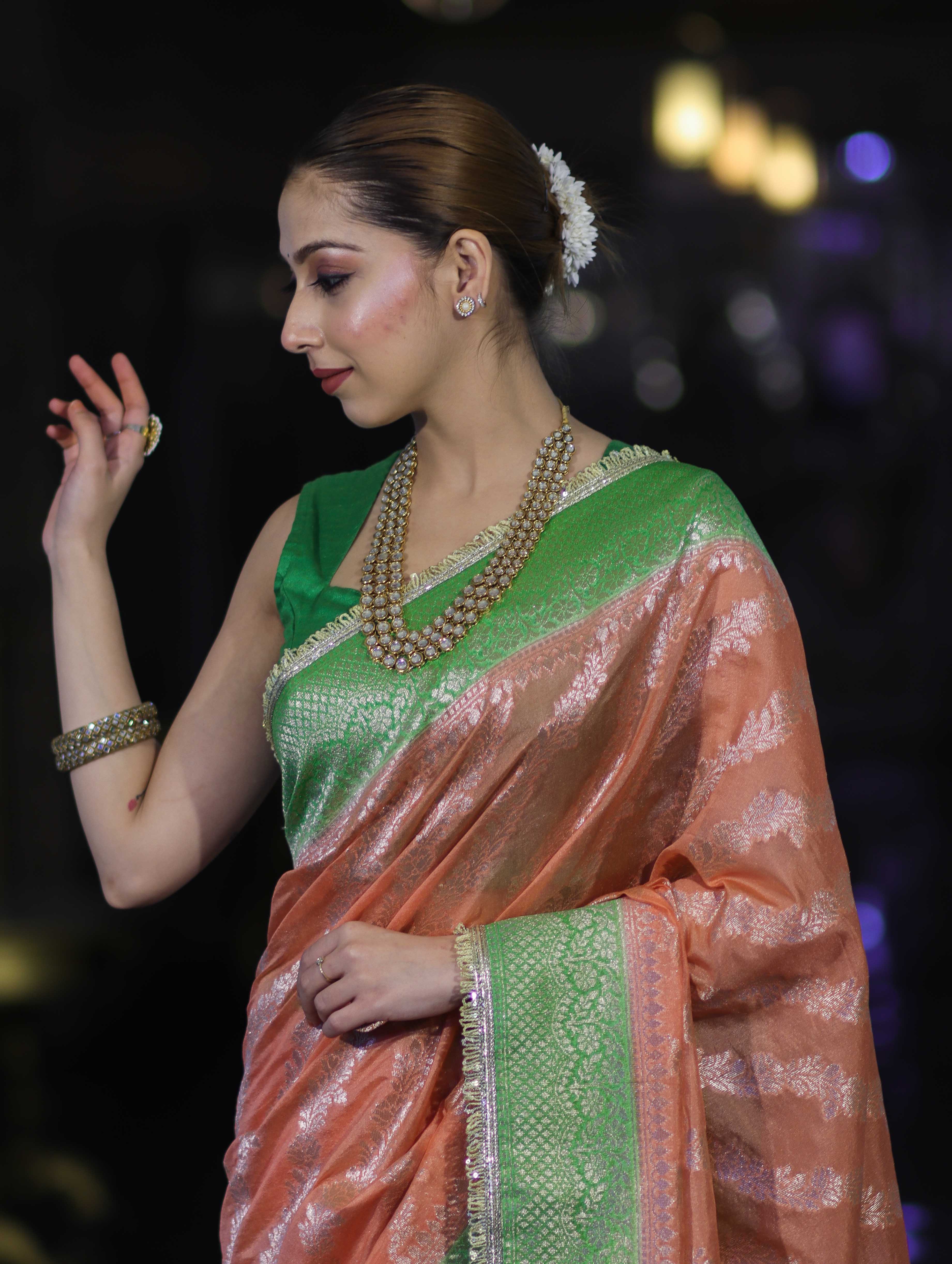 Banarasee Handloom Semi Silk Saree With Contrast Border & Lace-Peach & Green