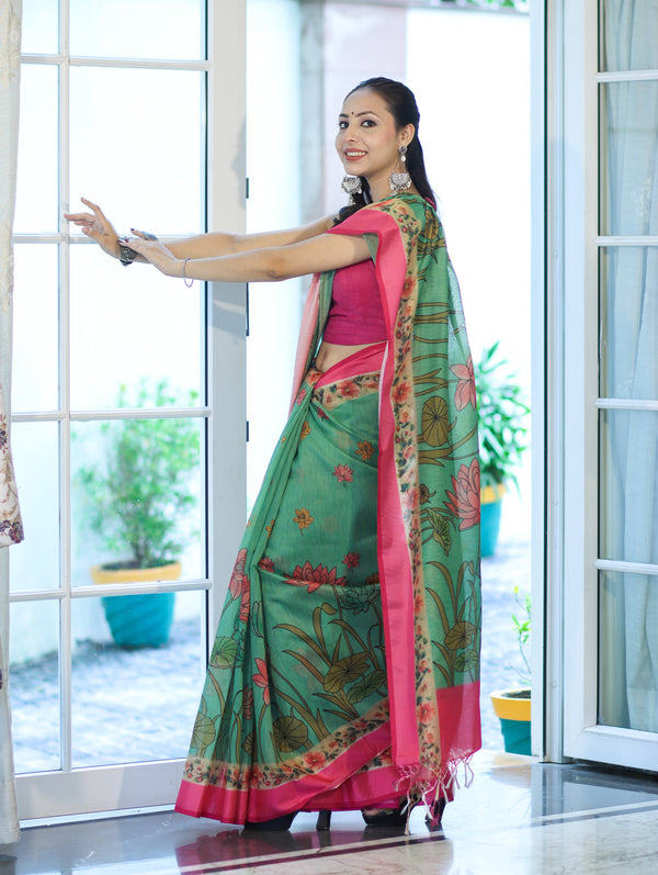 Banarasee Handloom Cotton Silk Saree With Digital Floral Prints & Contrast Border-Green
