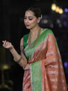 Banarasee Handloom Semi Silk Saree With Contrast Border & Lace-Peach & Green