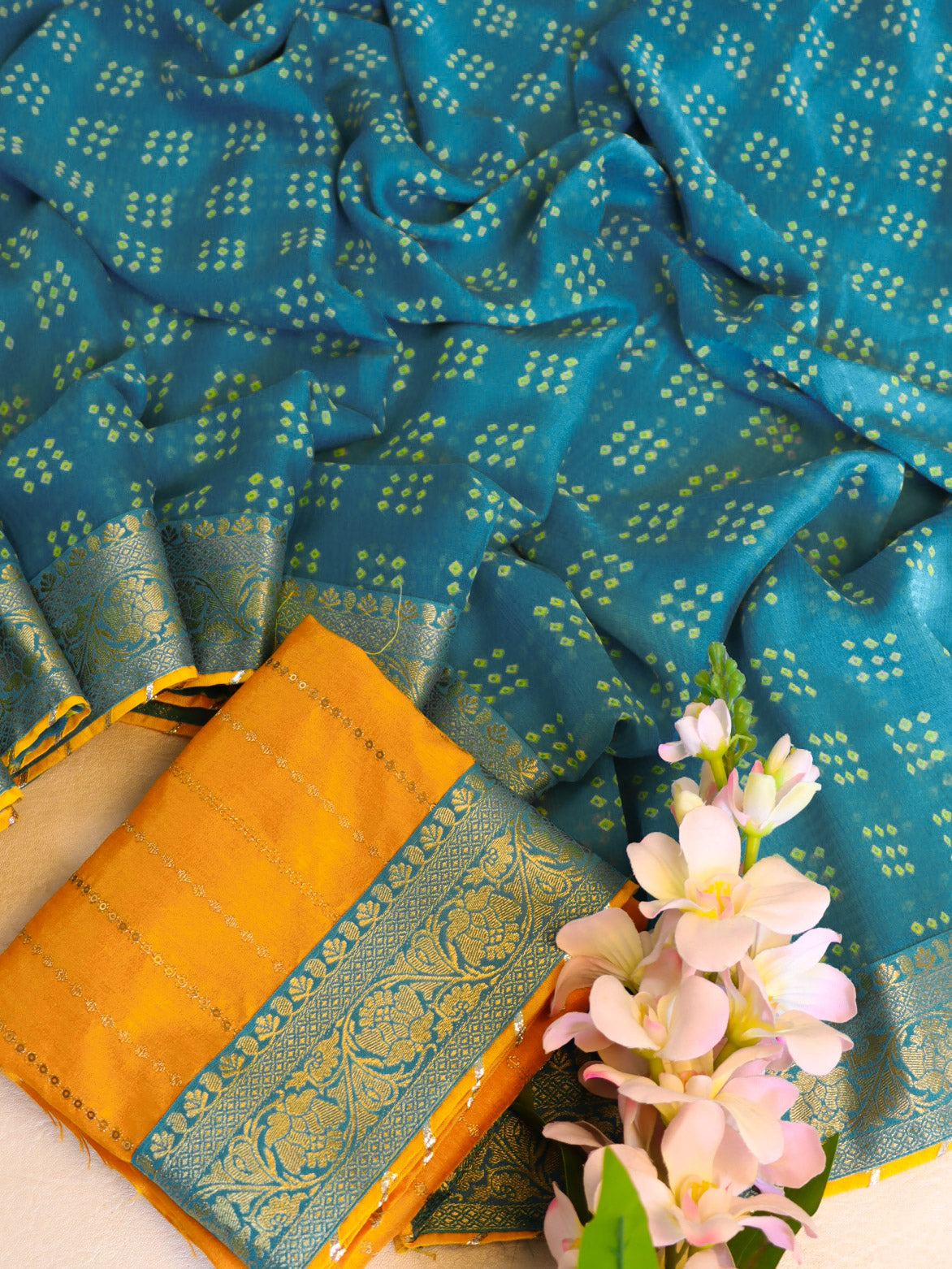Banarasee Chiffon Bandhani Print Saree With Gold Zari Lace Border-Teal Green