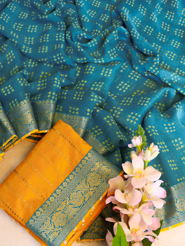 Banarasee Chiffon Bandhani Print Saree With Gold Zari Lace Border-Teal Green