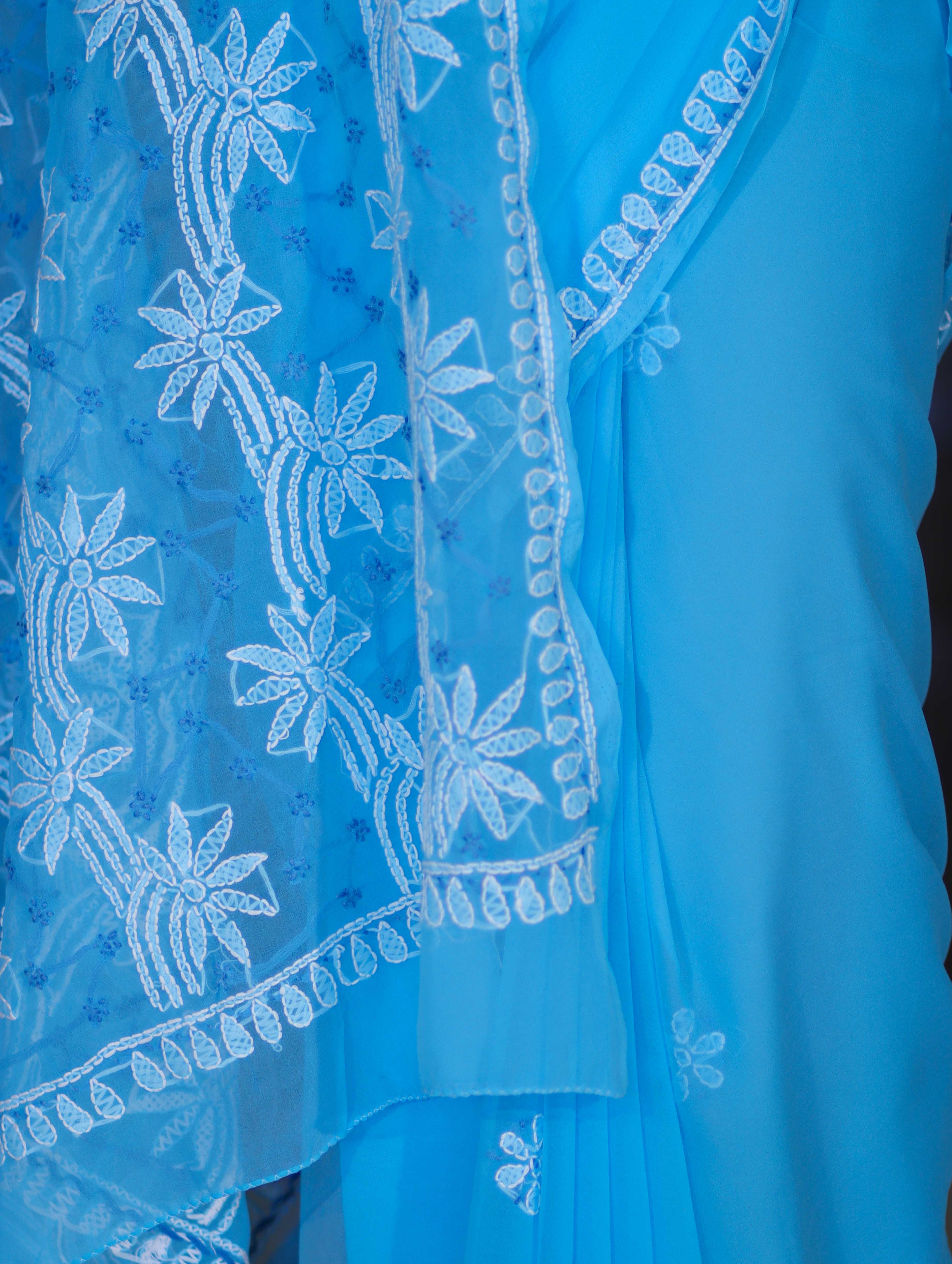 Banarasee Handwoven Georgette Saree With Chikankari Work-Light Blue