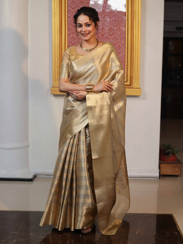 Banarasee Handloom Stripe Pattern Tissue Saree With Border-Gold