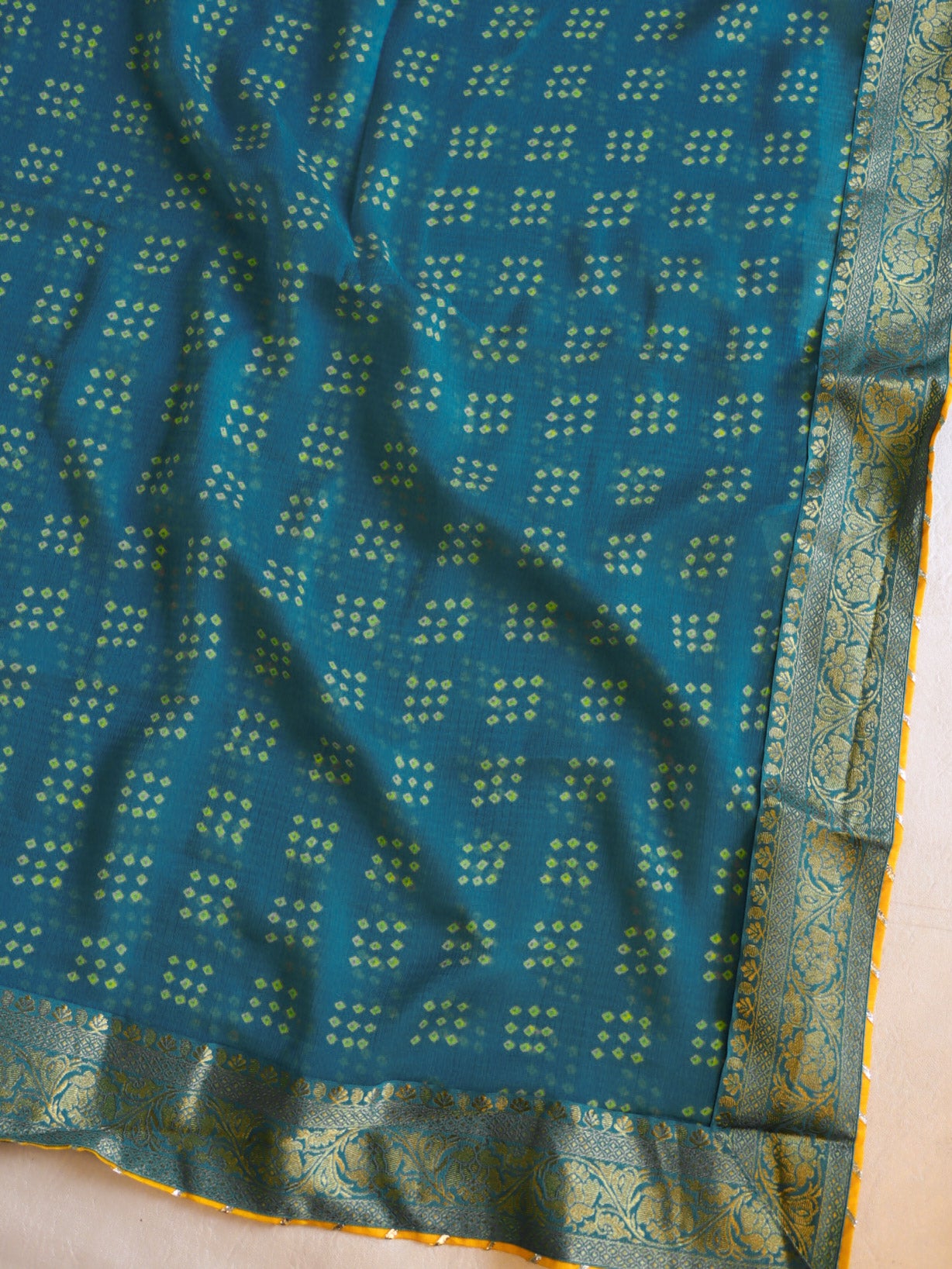 Banarasee Chiffon Bandhani Print Saree With Gold Zari Lace Border-Teal Green