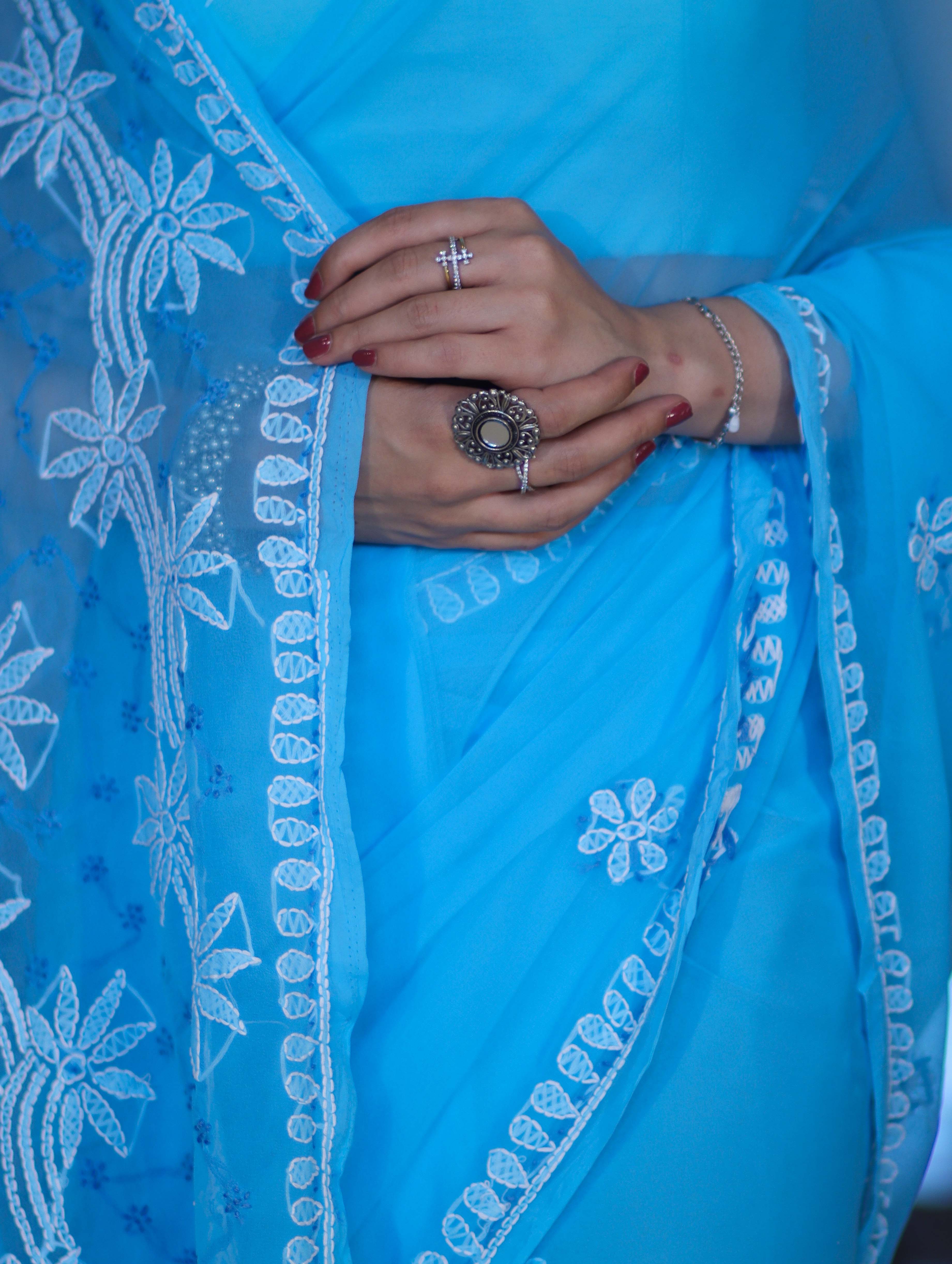 Banarasee Handwoven Georgette Saree With Chikankari Work-Light Blue