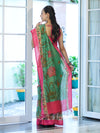 Banarasee Handloom Cotton Silk Saree With Digital Floral Prints & Contrast Border-Green