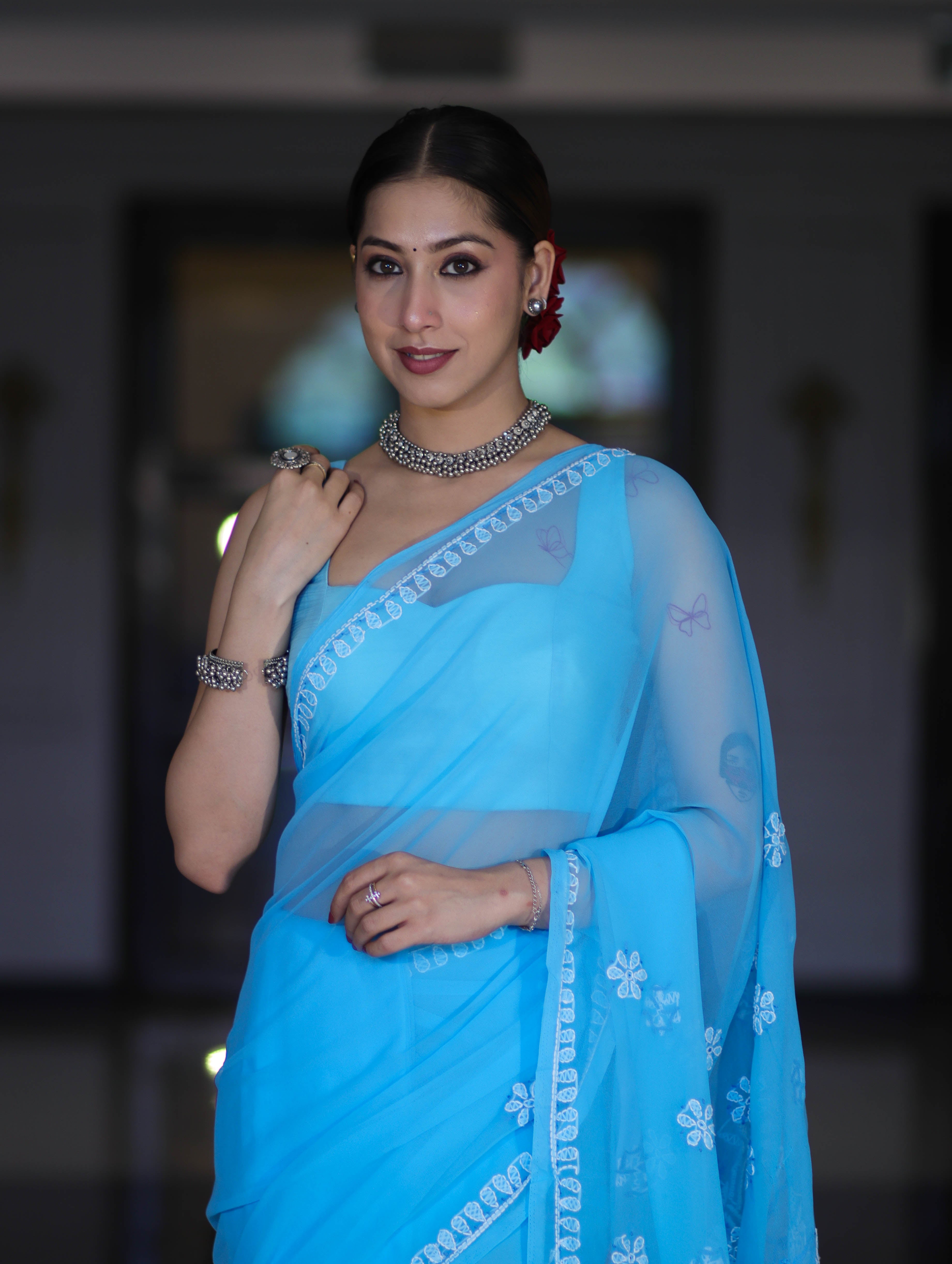 Banarasee Handwoven Georgette Saree With Chikankari Work-Light Blue