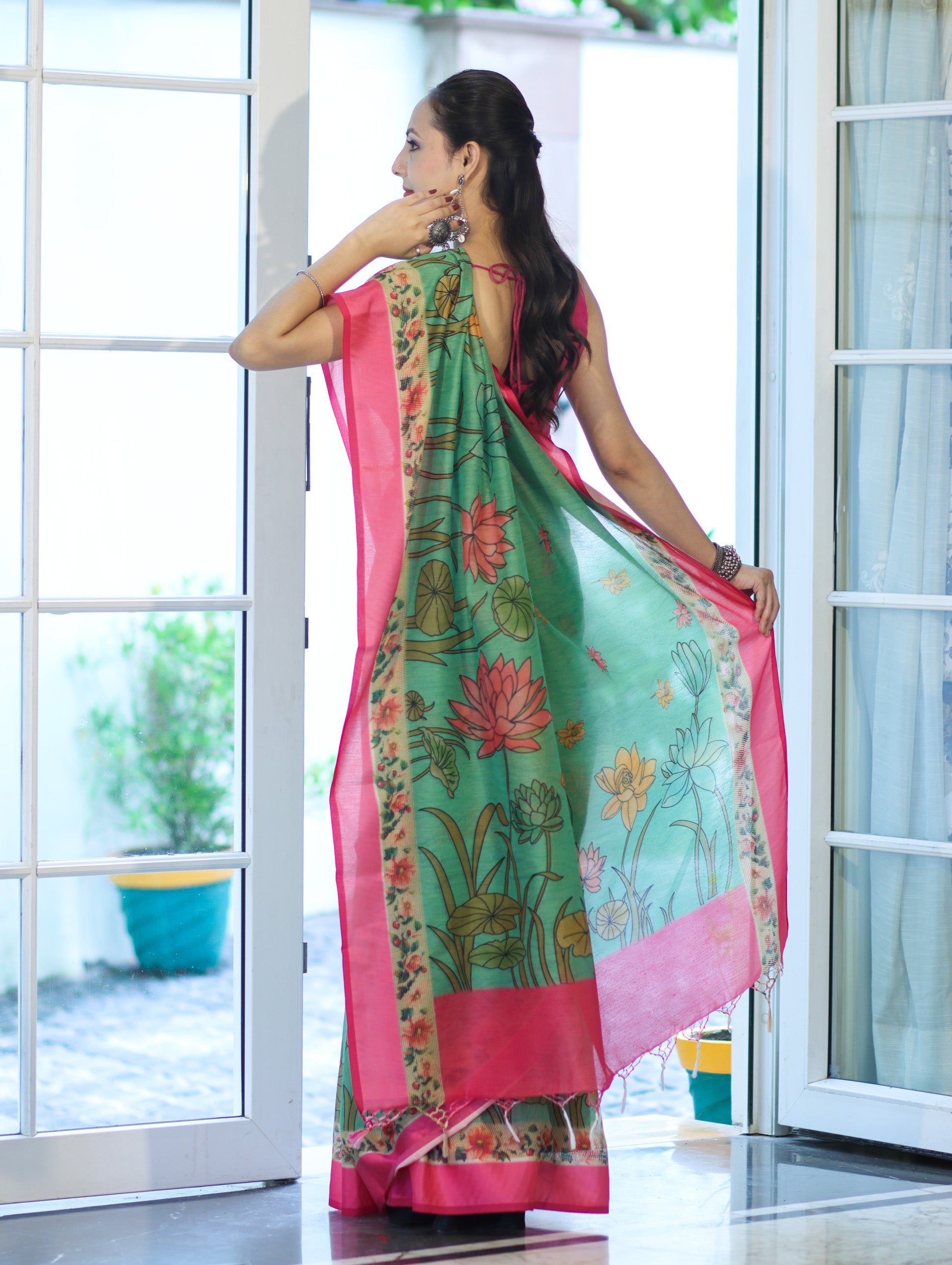 Banarasee Handloom Cotton Silk Saree With Digital Floral Prints & Contrast Border-Green
