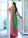 Banarasee Handloom Cotton Silk Saree With Digital Floral Prints & Contrast Border-Green