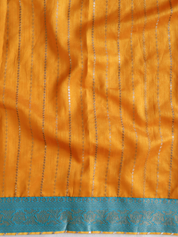 Banarasee Chiffon Bandhani Print Saree With Gold Zari Lace Border-Teal Green