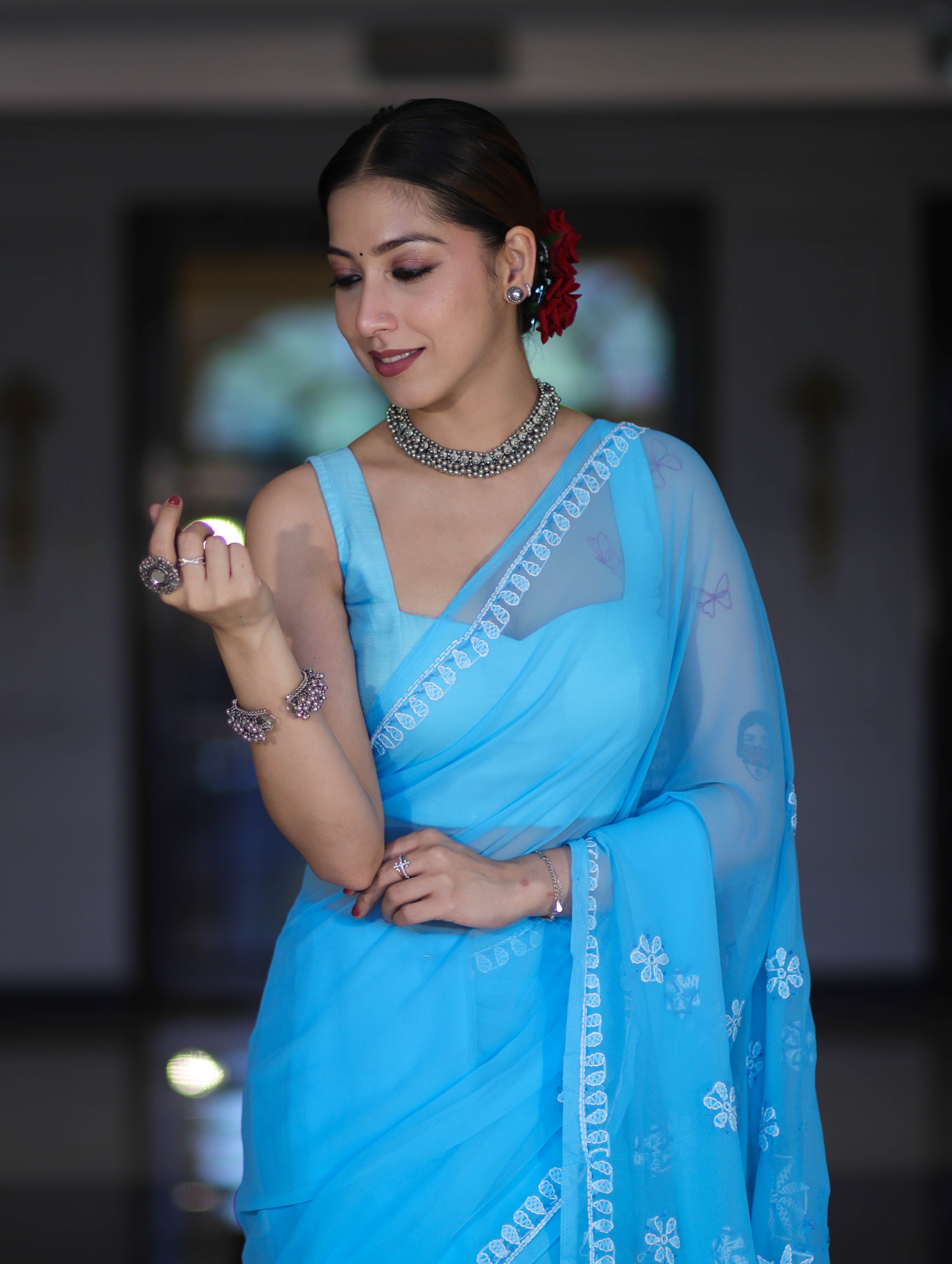 Banarasee Handwoven Georgette Saree With Chikankari Work-Light Blue
