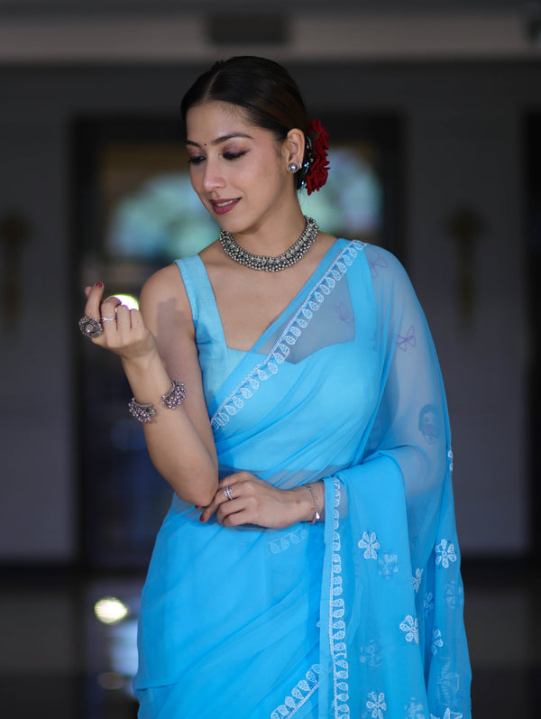 Banarasee Handwoven Georgette Saree With Chikankari Work-Light Blue