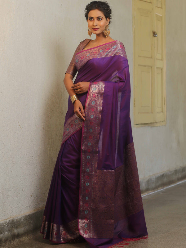 Banarasee Cotton Silk Plain Saree With Zari & Resham Border-Violet (Dual Tone)