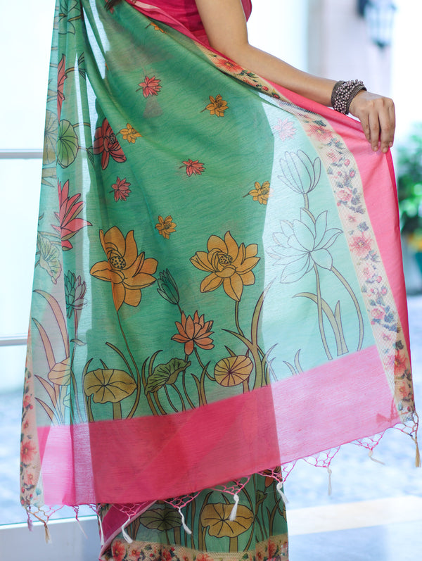 Banarasee Handloom Cotton Silk Saree With Digital Floral Prints & Contrast Border-Green
