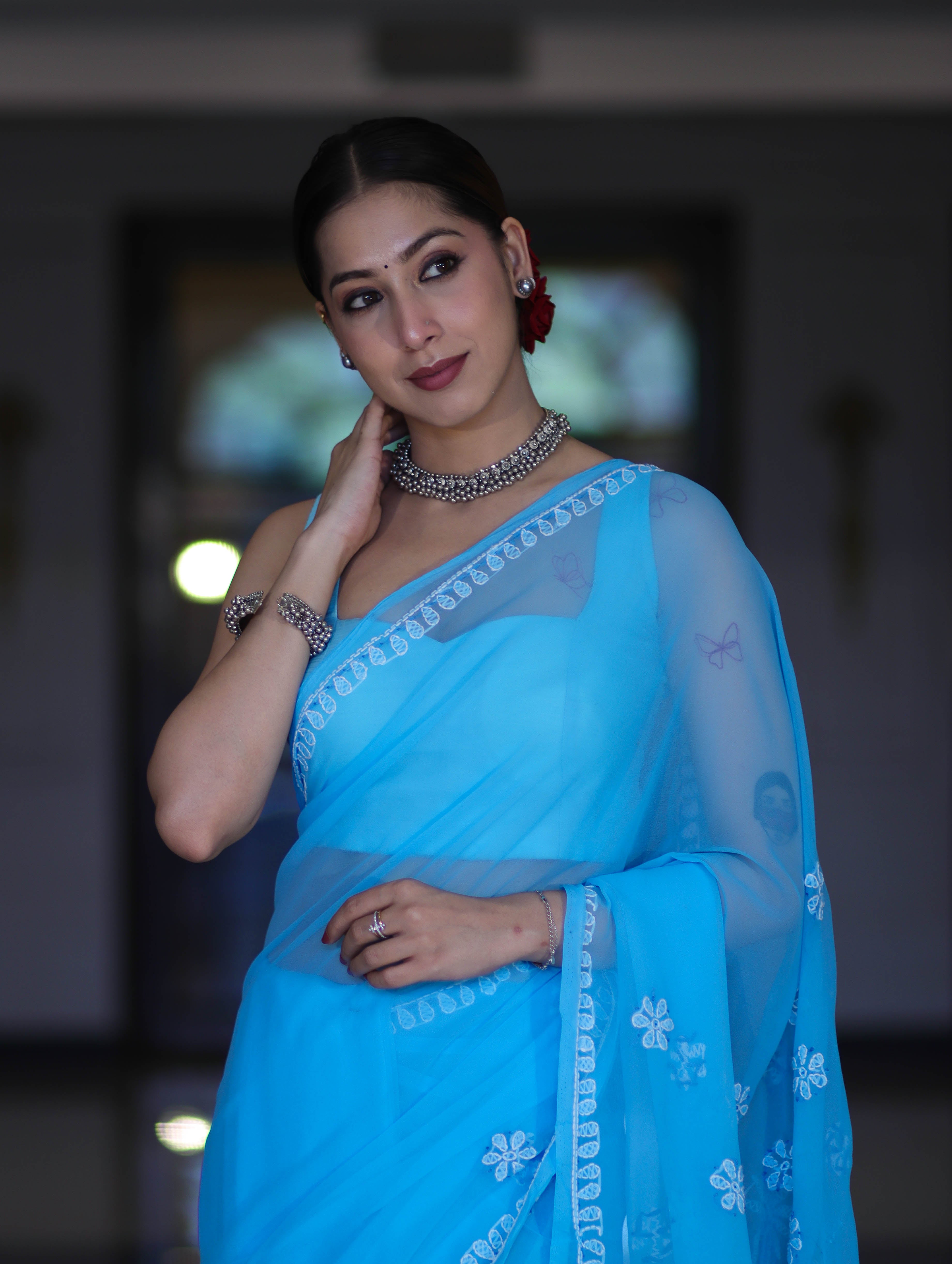 Banarasee Handwoven Georgette Saree With Chikankari Work-Light Blue