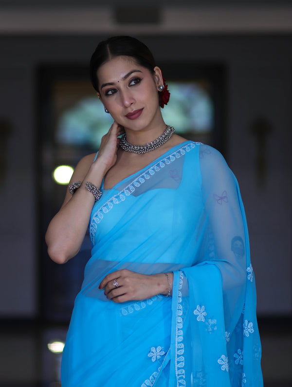 Banarasee Handwoven Georgette Saree With Chikankari Work-Light Blue