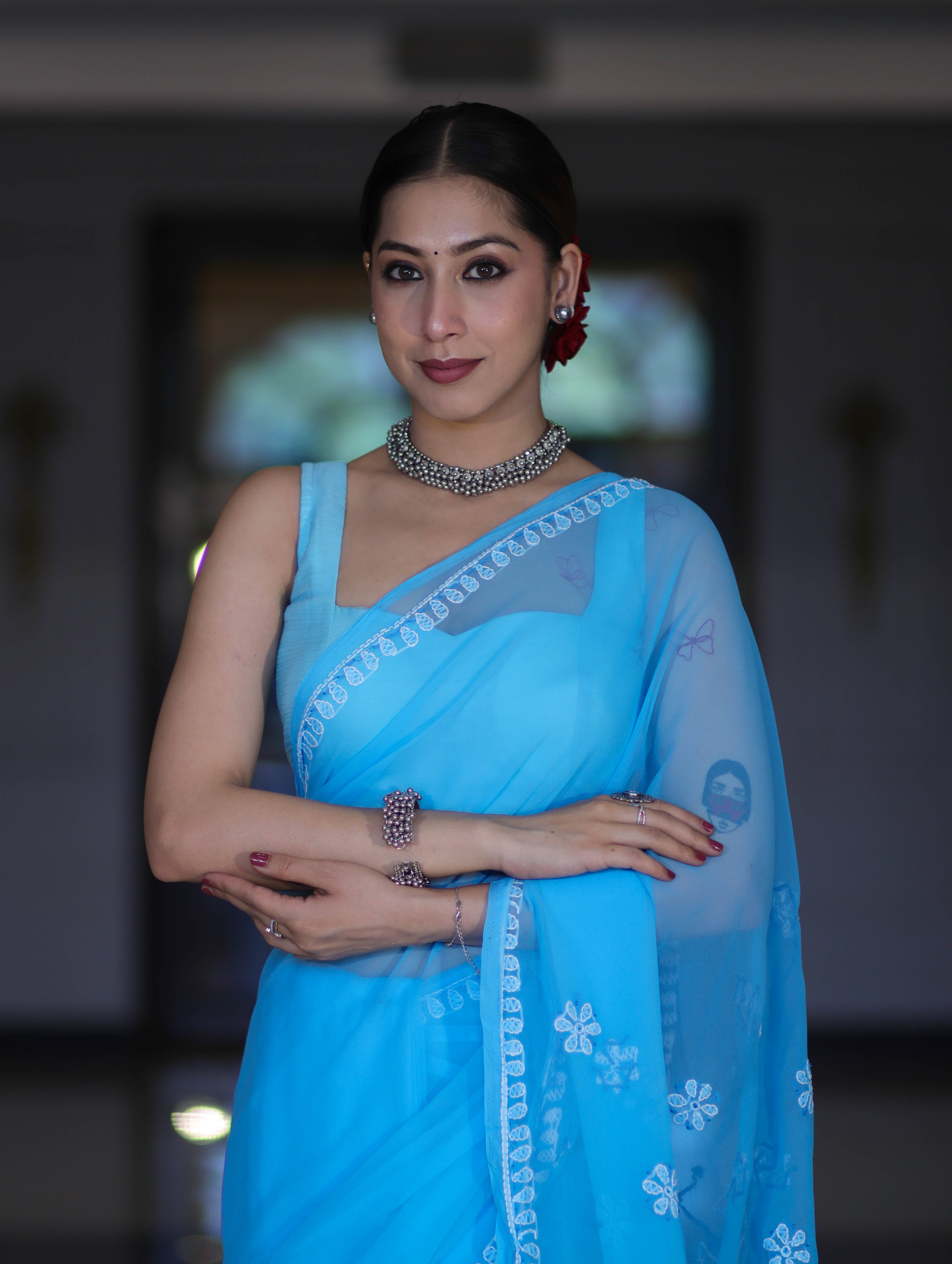 Banarasee Handwoven Georgette Saree With Chikankari Work-Light Blue