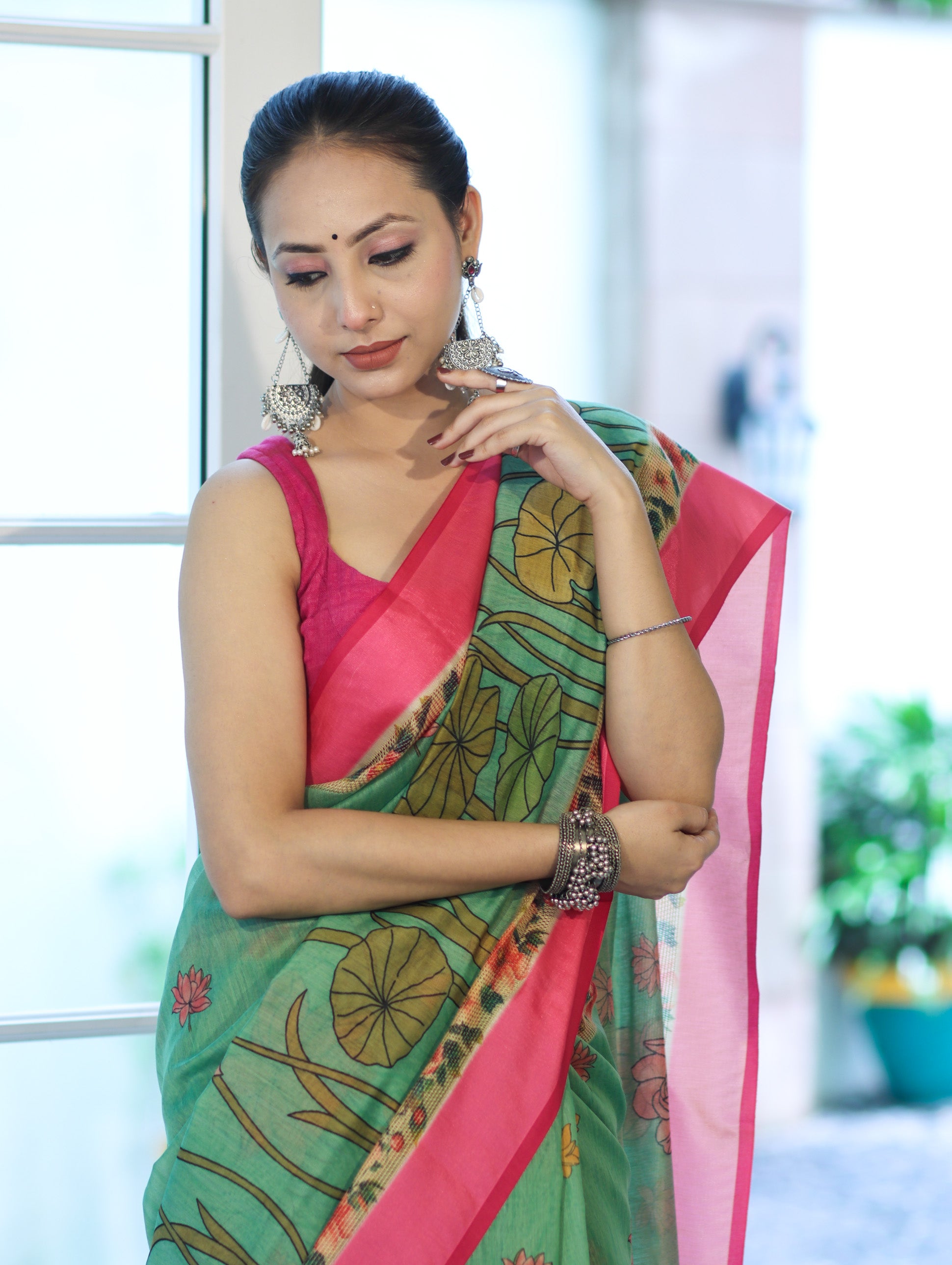 Banarasee Handloom Cotton Silk Saree With Digital Floral Prints & Contrast Border-Green