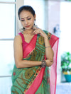 Banarasee Handloom Cotton Silk Saree With Digital Floral Prints & Contrast Border-Green