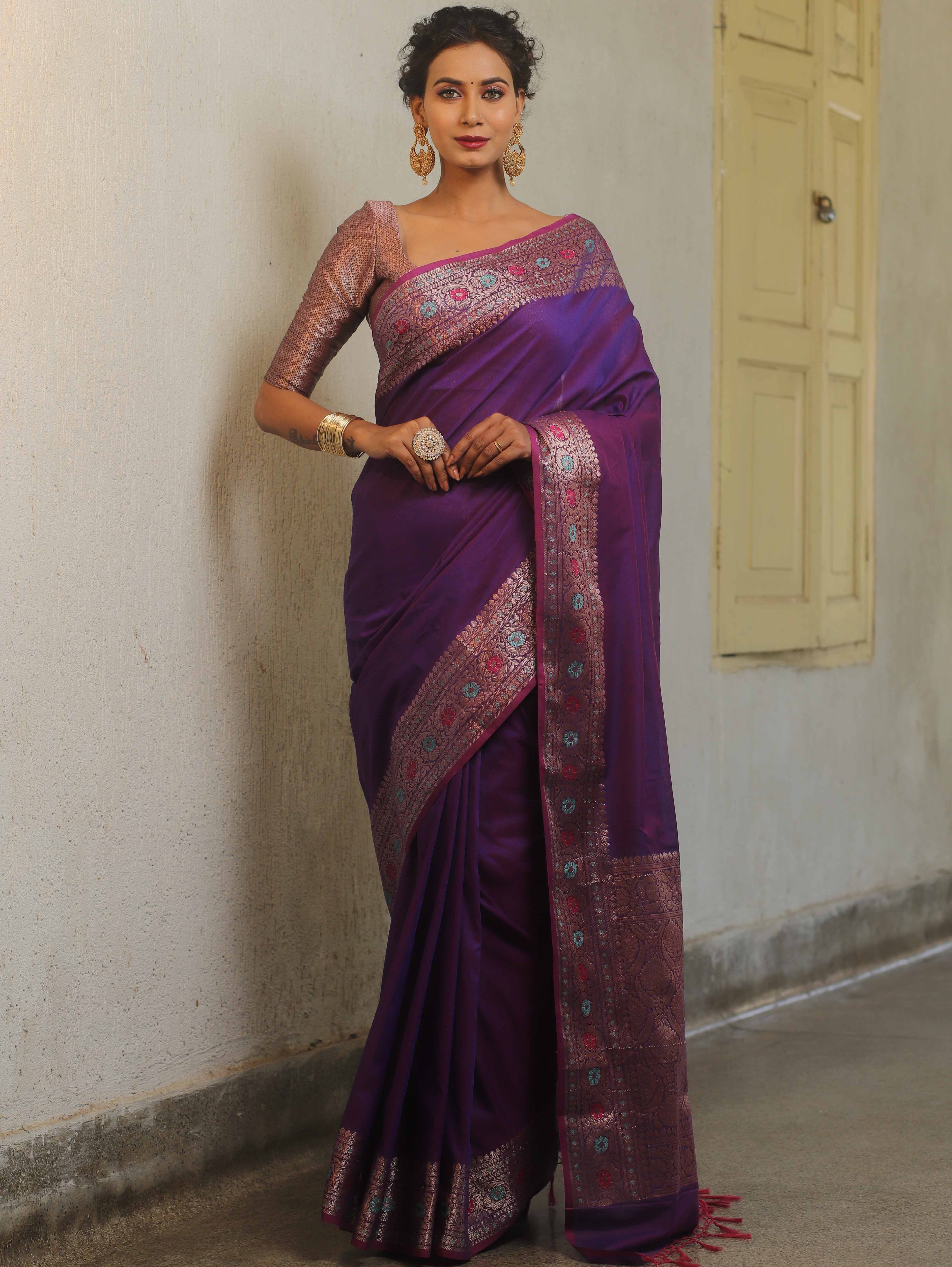 Banarasee Cotton Silk Plain Saree With Zari & Resham Border-Violet (Dual Tone)