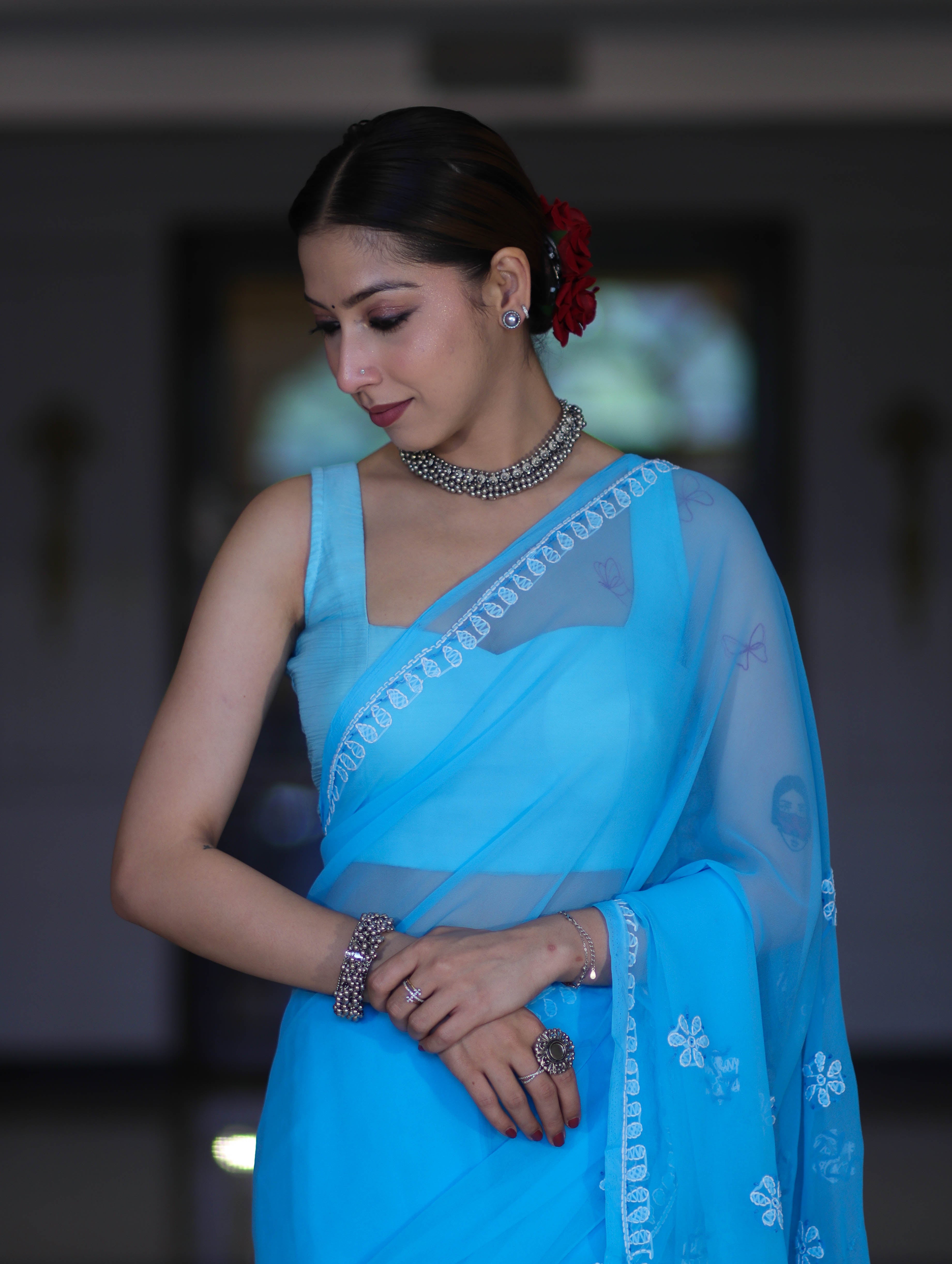 Banarasee Handwoven Georgette Saree With Chikankari Work-Light Blue