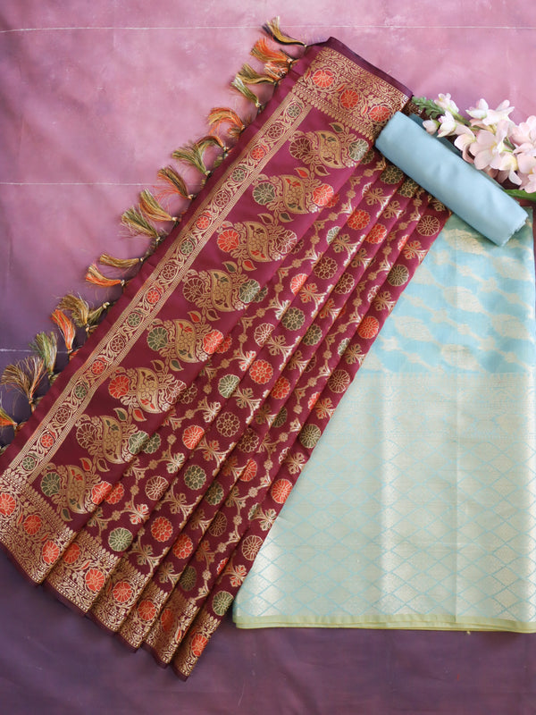 Banarasee Cotton Silk Salwar Kameez Fabric With Zari Work-Blue & Maroon