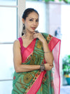 Banarasee Handloom Cotton Silk Saree With Digital Floral Prints & Contrast Border-Green