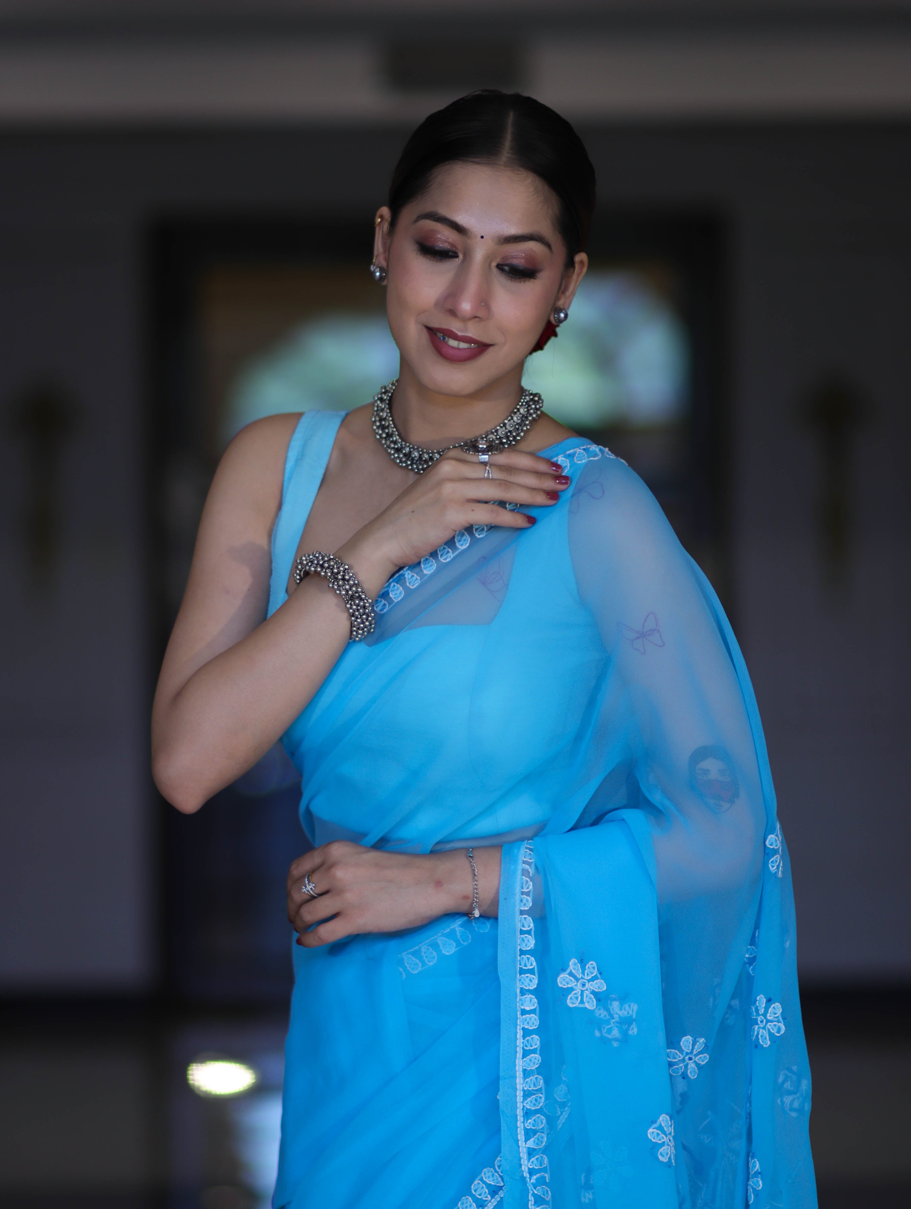 Banarasee Handwoven Georgette Saree With Chikankari Work-Light Blue