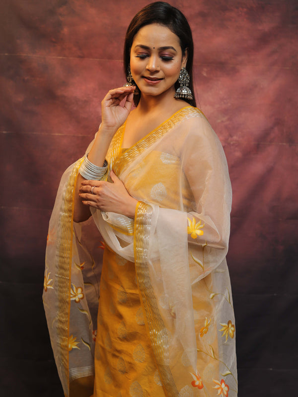 Banarasee Chanderi Salwar Kameez Fabric & Dupatta With Silver Zari-Yellow & White
