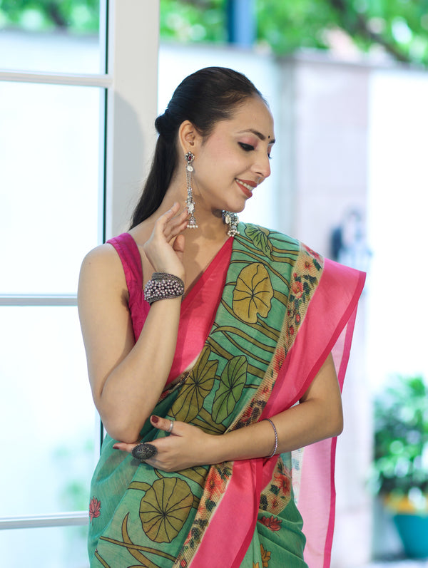 Banarasee Handloom Cotton Silk Saree With Digital Floral Prints & Contrast Border-Green