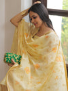 Banarasee Chanderi Cotton Zari Buti Salwar Kameez Fabric With Hand-Painted Dupatta-Yellow