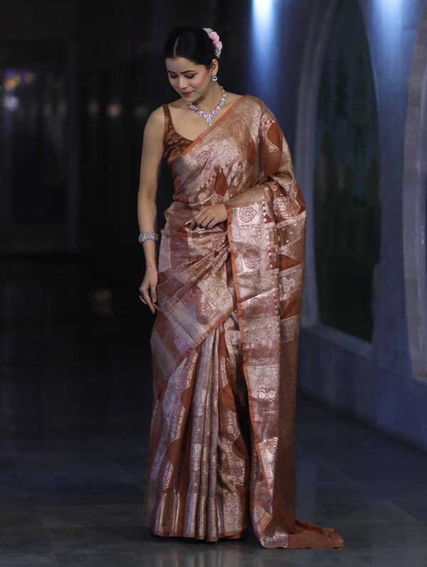 Banarasee Handloom Semi Silk Tissue Saree With Handwoven Zari Design & Border-Earthy Brown