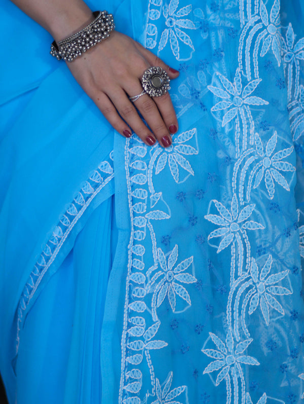 Banarasee Handwoven Georgette Saree With Chikankari Work-Light Blue