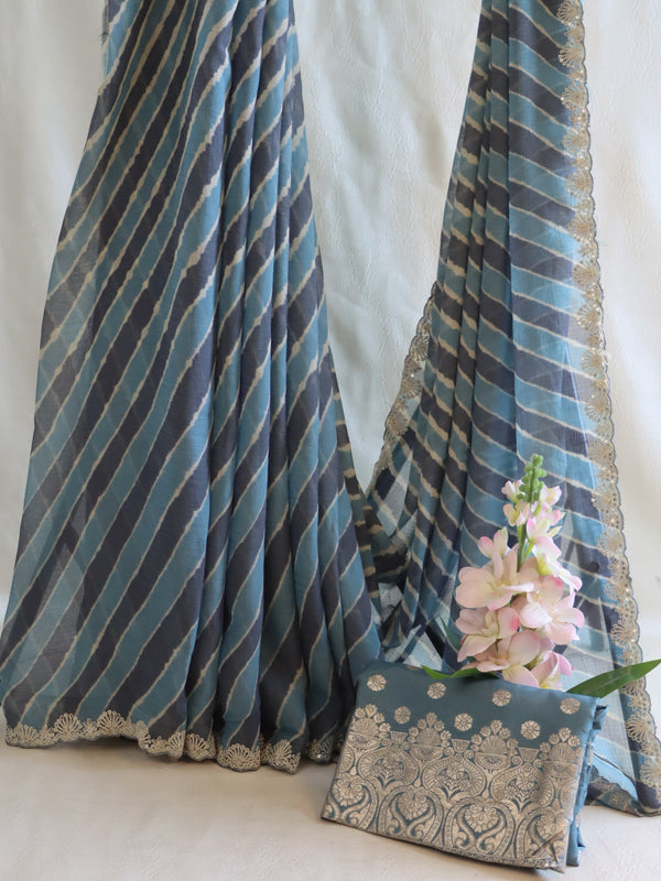 Banarasee Chiffon Leheriya Print Saree With Hand Work-Blue