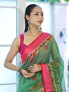 Banarasee Handloom Cotton Silk Saree With Digital Floral Prints & Contrast Border-Green
