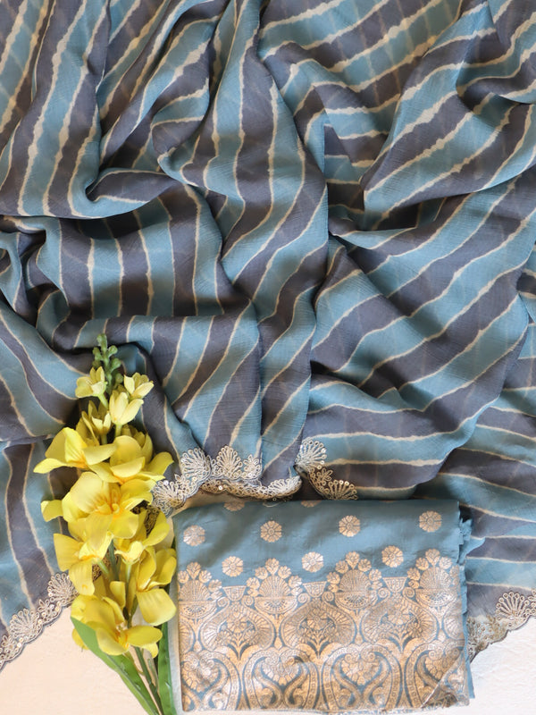 Banarasee Chiffon Leheriya Print Saree With Hand Work-Blue