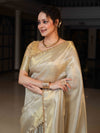 Banarasee Tissue Saree With Stripes Design Tanchoi Border & Lace-Gold