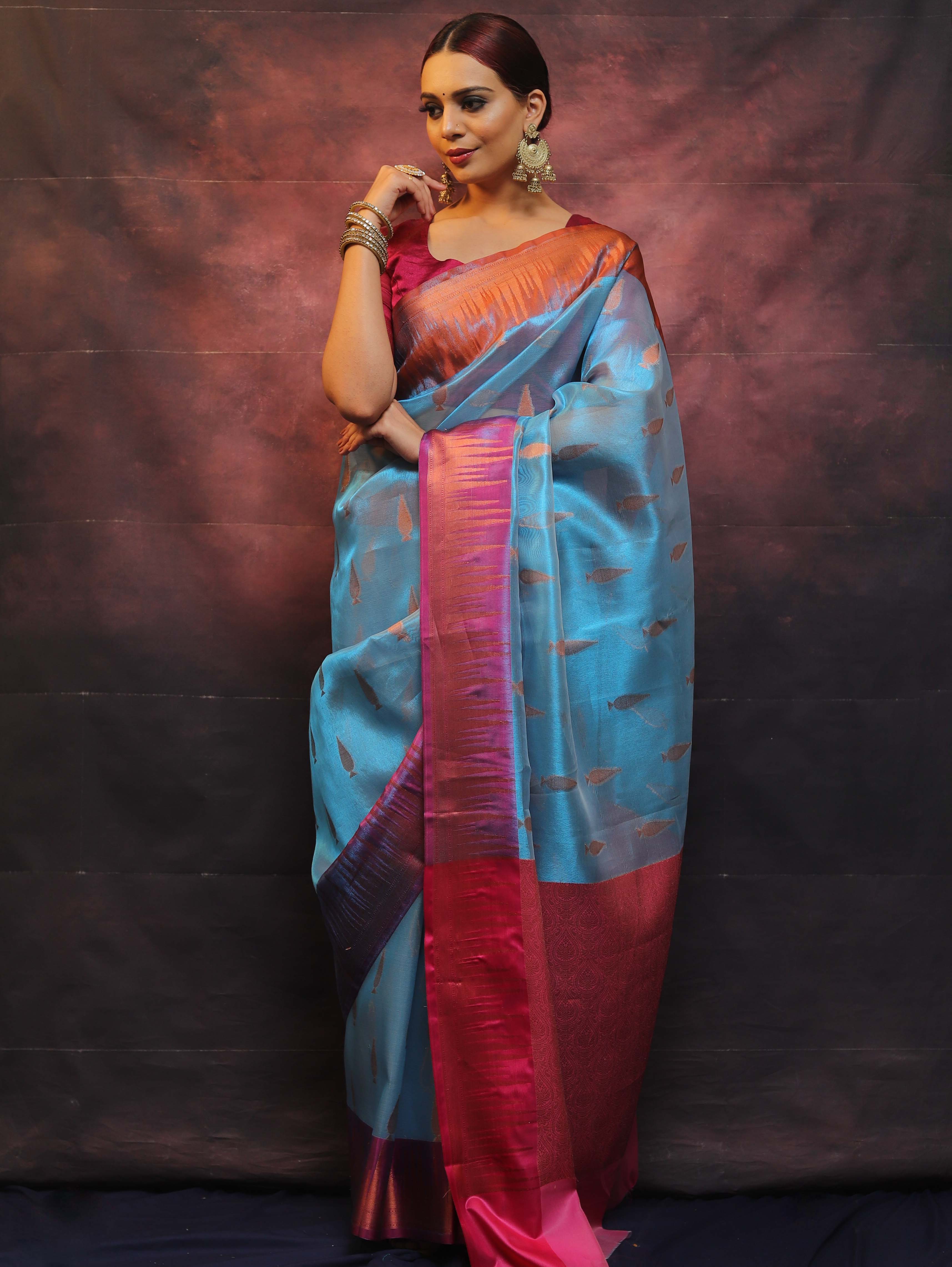 Banarasee Handwoven Broad Contrast Border Tissue Saree-Blue