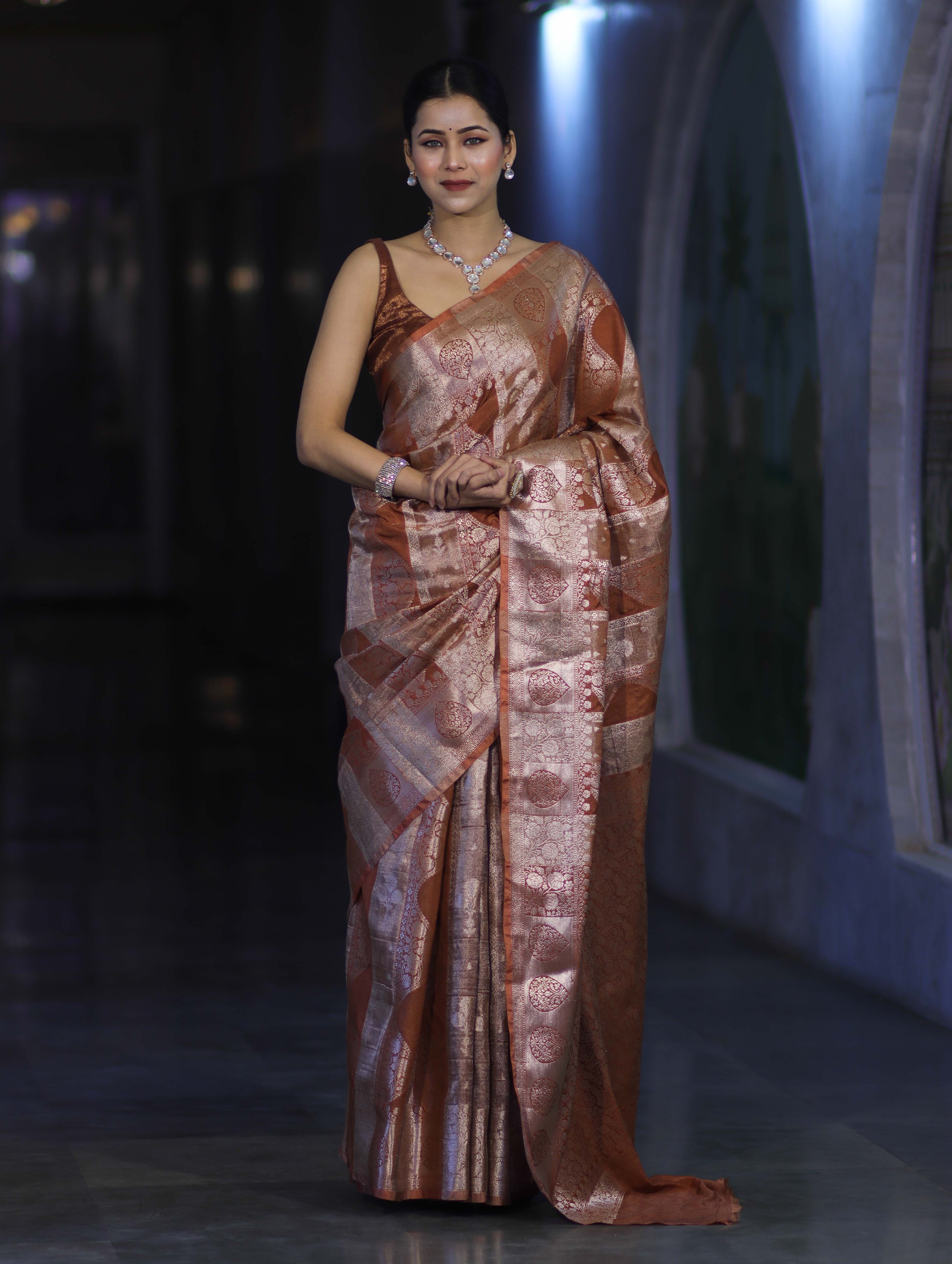 Banarasee Handloom Semi Silk Tissue Saree With Handwoven Zari Design & Border-Earthy Brown