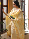 Banarasee Chanderi Cotton Zari Buti Salwar Kameez Fabric With Hand-Painted Dupatta-Yellow