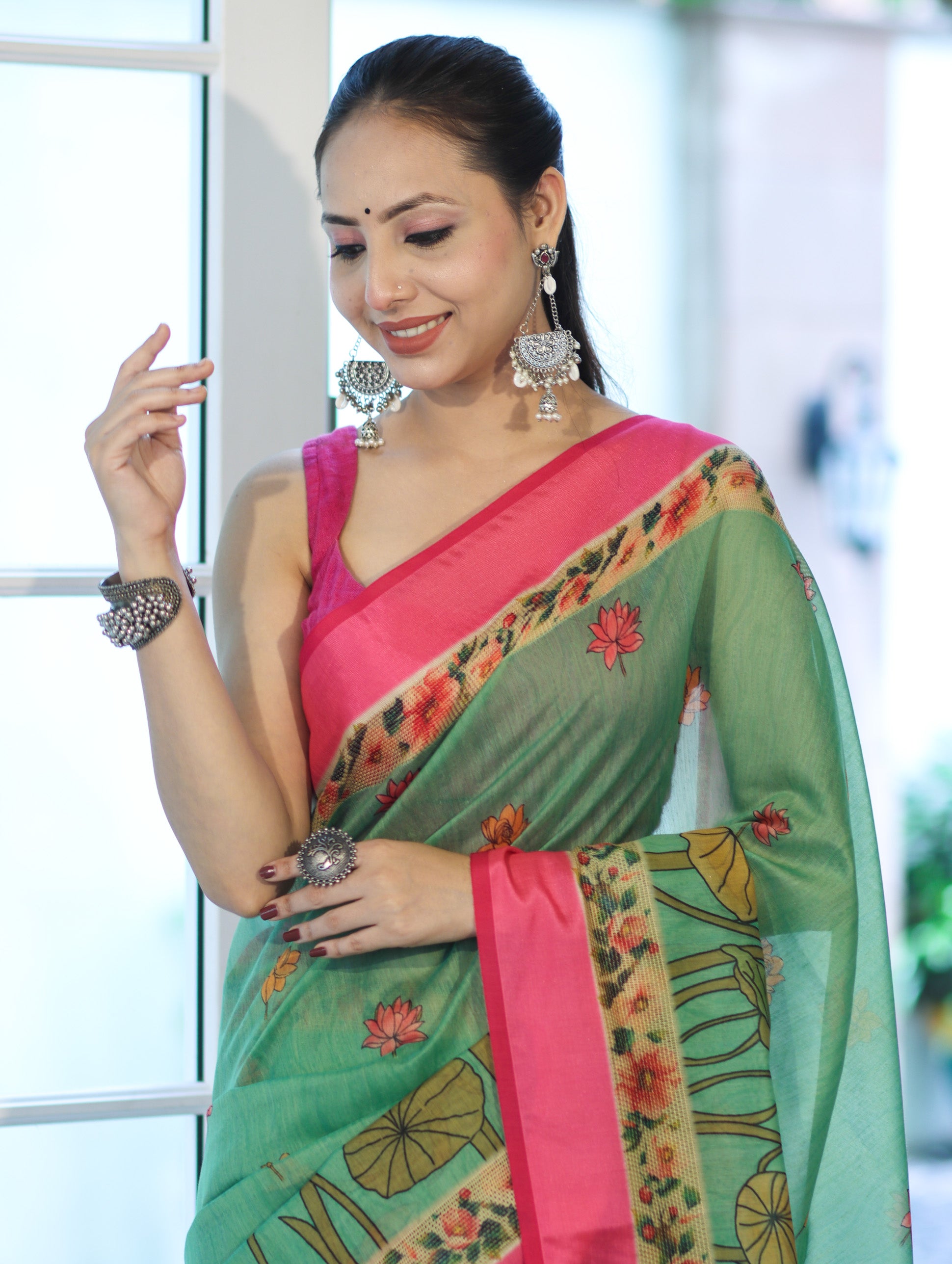 Banarasee Handloom Cotton Silk Saree With Digital Floral Prints & Contrast Border-Green