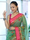Banarasee Handloom Cotton Silk Saree With Digital Floral Prints & Contrast Border-Green