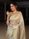 Banarasee Tissue Saree With Stripes Design Tanchoi Border & Lace-Gold