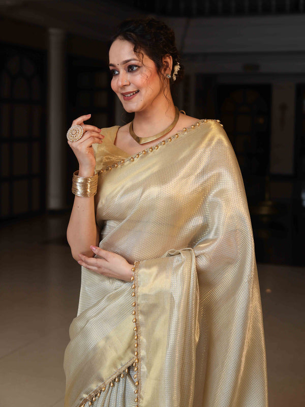 Banarasee Tissue Saree With Stripes Design Tanchoi Border & Lace-Gold